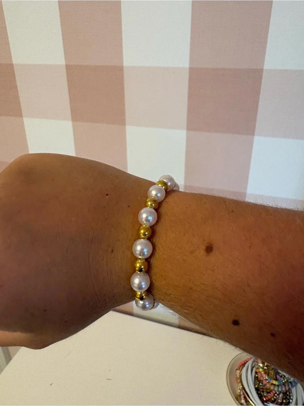 Gold and White Bead Stretch Bracelet